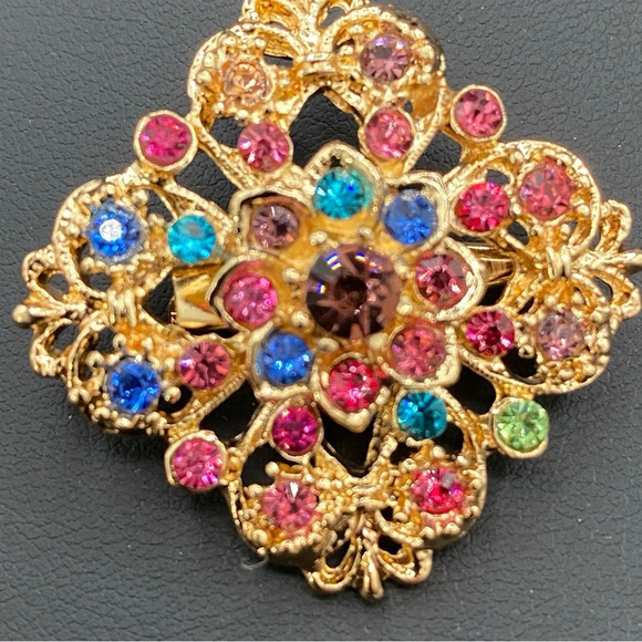 Colourful Gemstone Vintage Inspired Gold Tone Brooch - Picture 7 of 8